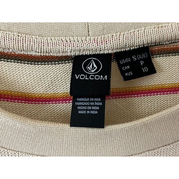 VOLCOM - Beige Multi Stripe Long Sleeve Loose Fit Cropped Viscose Sweater sz 10 - Picture 3 of 7